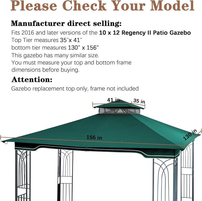 SCOCANOPY Replacement Gazebo Canopy for 10 x 12 Regency II Patio Gazebo Model L-GZ798PST,A101004104,A101004105,(Forest Green) - Image 3